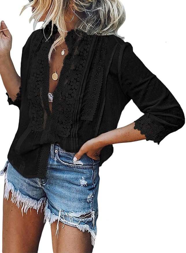 CANIKAT Women's V Neck Lace Crochet Flowy Bell Sleeve Button Down Casual T Shirts Blouses Tops | Amazon (US)