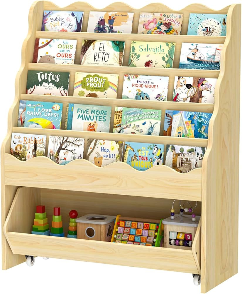 5-Tier Wooden Book Shelves, Large Size Kids Bookshelf and Toy Organizer, Toy Storage Drawer with ... | Amazon (US)