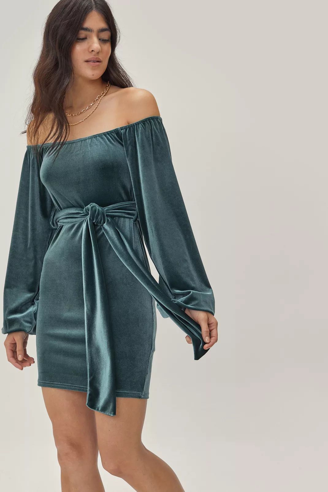 Velvet Belted Off the Shoulder Mini Dress | Nasty Gal (US)