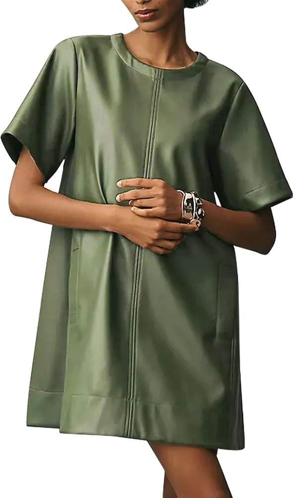 Women Faux Leather Mini Dress Short Sleeve Crew Neck A Line Flowy Swing PU Party Dress with Pocke... | Amazon (US)
