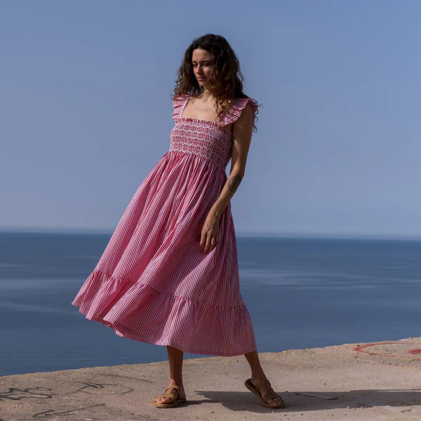 Rachel Carson Women's Dress Red Apple Stripes with Chantilly Hand Smocking | Smock London