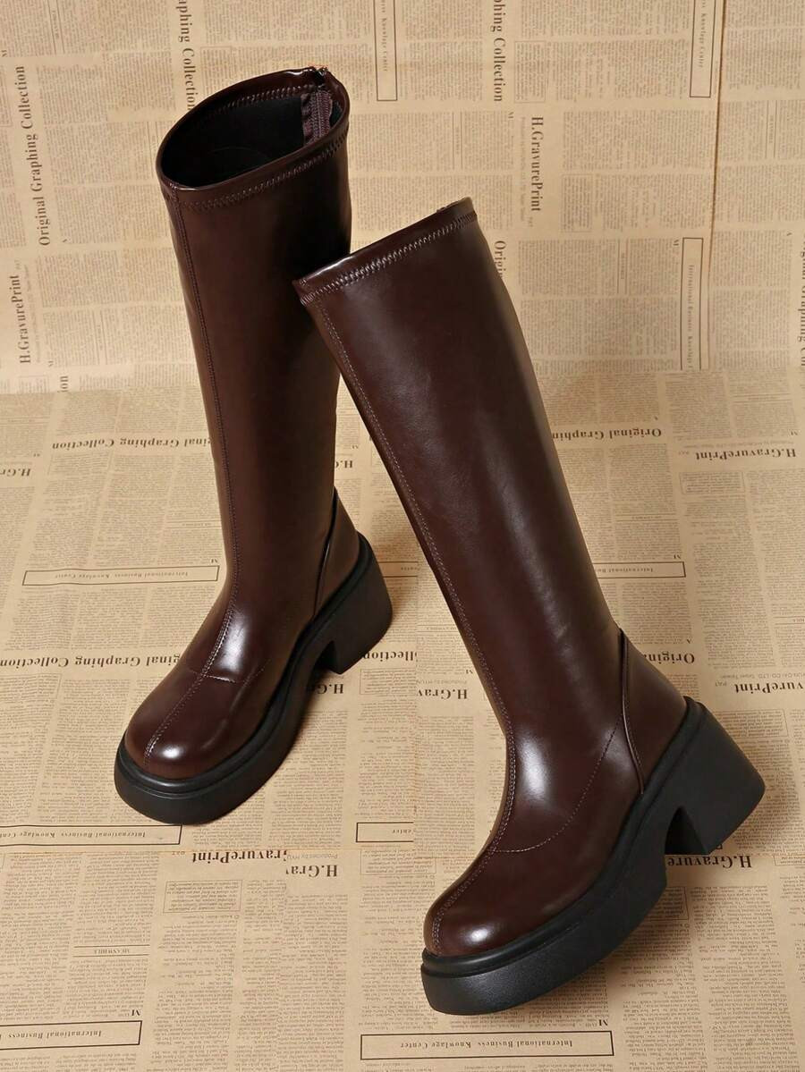 New Brown Thick Bottom Chunky Calf Length Stretch Boots, Autumn/Winter,Women Boots | SHEIN