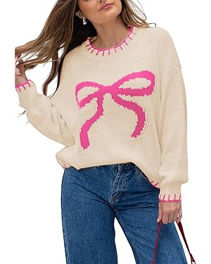Womens 2025 Fall Sweater Long Sleeve Crewneck Cropped Knit Sweaters Plus Size Cute Bow Pullover T... | Amazon (US)