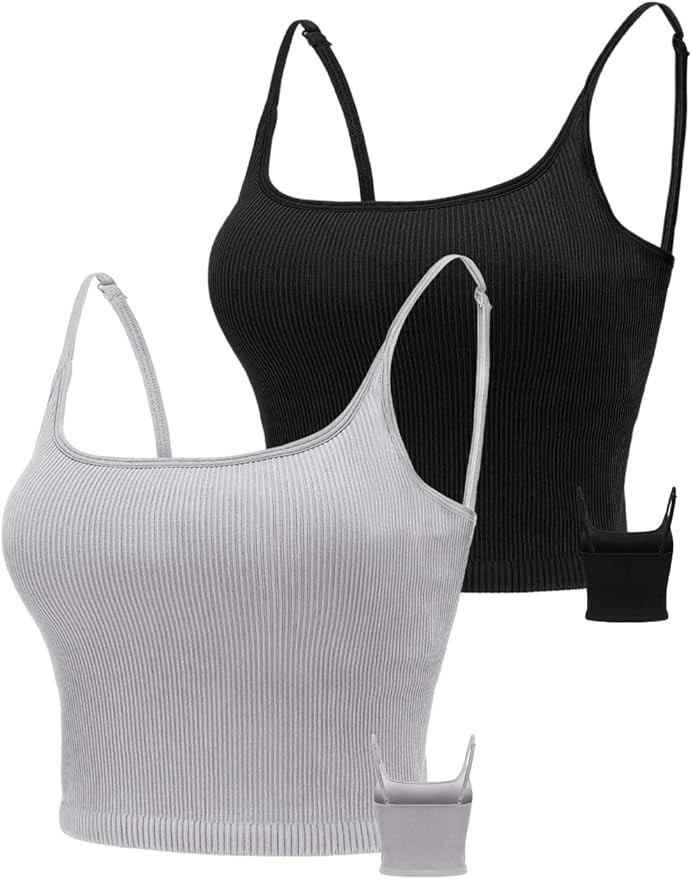 KIKIWING Cropped Tank Top Longline Bralette Sports Bra Tank Top 2 Pack Brami Tops Ribbed Crop Top... | Amazon (US)