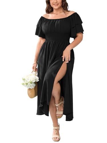 Plus Size Maxi Dress Off The Shoulder Ruffle Smocked Wedding Guest Cocktail Slit Hem Flowy Dresse... | Amazon (US)