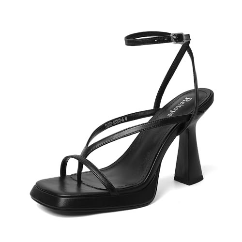 Reitoye Black Heels for Women Flip-flop Platform High Chunky Heels Square Open Toe Heeled Sandals Ankle Strap Block Heels Size 9.5 | Amazon (US)