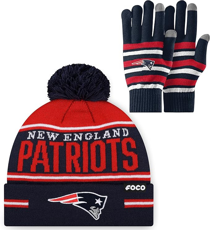 FOCO NFL unisex-adult Nfl Team Logo Adult Stretch Gloves With Big Wordmark Strip Pom Knit Hat Bea... | Amazon (US)