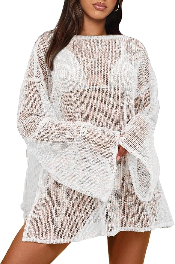 Gleeneat Crochet Swimsuit Coverup for Women Boat Neck Bathing Suit Cover Up 2026 Summer Sexy Beac... | Amazon (US)