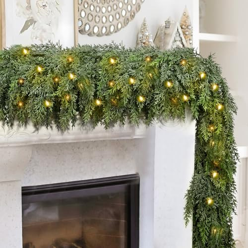 9FT Thick Pre-lit Christmas Garlands with 240 Cedar Branches, 50 Lights, Green Cedar Garland for ... | Amazon (US)