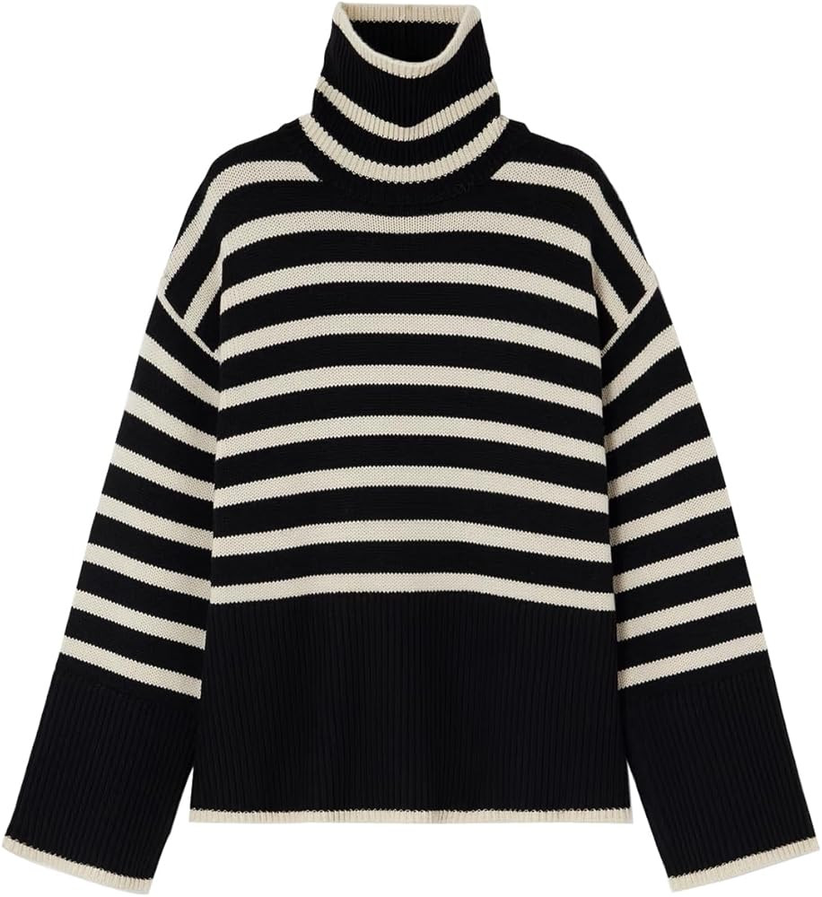 LuFeng Women's Winter Sweaters Casual Striped Knit Long Sleeve Turtleneck Side Split Oversized Pu... | Amazon (US)