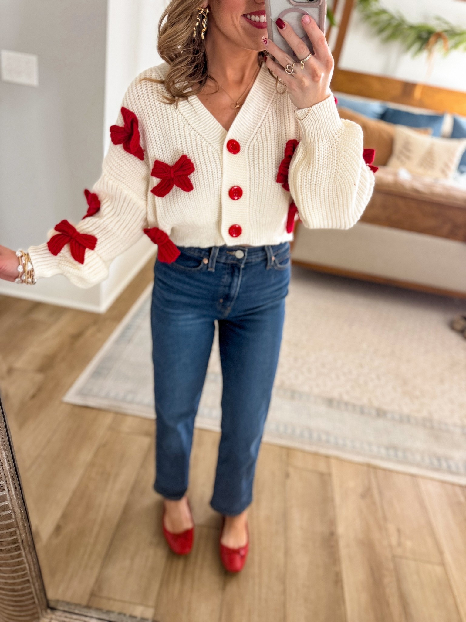 This darling Amazon bow sweater outfit is giving chic, feminine, and effortlessly put-together 💕
I am obsessed with this cream knit cardigan with red bow details — it’s such a statement piece while still being so wearable. The button-front design, cozy knit texture, and playful bows make it perfect for dressing up or down.

Styled here with classic straight-leg jeans and red flats for an easy everyday look that works for coffee dates, brunch, errands, or casual dinners. This Amazon bow sweater is one of those pieces that instantly elevates your outfit and feels way more expensive than it is.

✨ Why you’ll love it:
• Trendy bow detail sweater
• Soft, cozy knit fabric
• Flattering cropped length for high-waisted jeans
• Easy to style for fall, winter, and Valentine’s Day looks
• Affordable Amazon fashion find

I linked this entire look in my LTK + Amazon storefront so you can shop it easily 🤍

#amazonfashion #amazonfinds #bowsweater #bowcardigan #amazonoutfit #affordablefashion #everydaystyle #neutraloutfit #womensfashion #amazonstyle #chicoutfit #casualstyle #trendingfashion #falloutfits #winteroutfits #valentinesoutfit