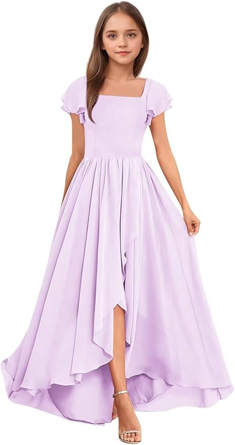 Square Neck Junior Bridesmaid Dresses Long Chiffon A Line Flower Girl Dress for Wedding | Amazon (US)