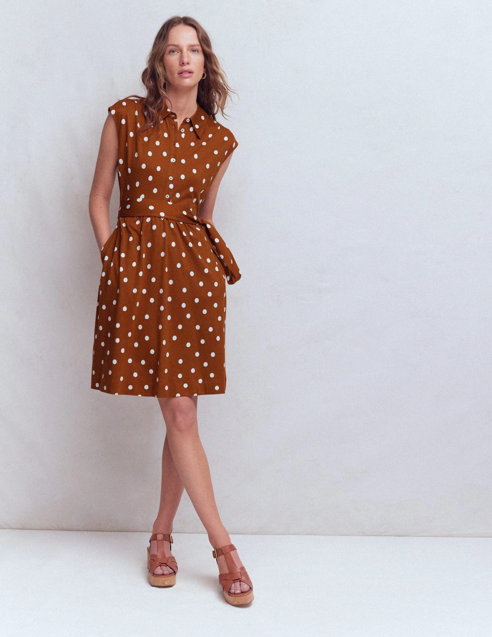 Honor Short Jersey Shirt Dress-Cognac, Painted Dot Spaced | Boden (US)