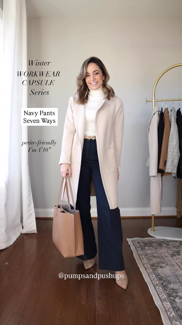 Winter workwear capsule series: navy pants seven ways!

This capsule has 16 pieces (not including shoes and bags) and 30 outfits! 

Black turtleneck (aritzia): xs 
Green turtleneck (aritzia): xs 
White turtleneck (aritzia): xs birch 
Long cardigan (amazon): xs apricot 
Camel blazer (j.crew): petite 00 
Black blazer (j.crew): petite 00 
Herringbone blazer (banana republic factory): petite xxs 
Cropped jacket (banana republic factory): petite xxs 
Camel sweater (quince): xs teak 
Navy sweater (aritzia): xs 
Navy pants (Ann Taylor): petite 00 

Taupe boots links are a similar color to my pair 
Tan boots are sold out (but linked in case they restock) 

My measurements for reference: 4’10” 105lbs bust, waist, hips 32”, 24”, 35” size 5 shoe. 25” inseam measurement to my ankle bone.

#LTKWorkwear #LTKWatchNow