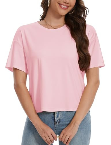 YUCOLEN Women's Crop Tops Summer Short Sleeve Cotton UPF 50+ Round Neck Casual Loose Cropped T-Sh... | Amazon (US)