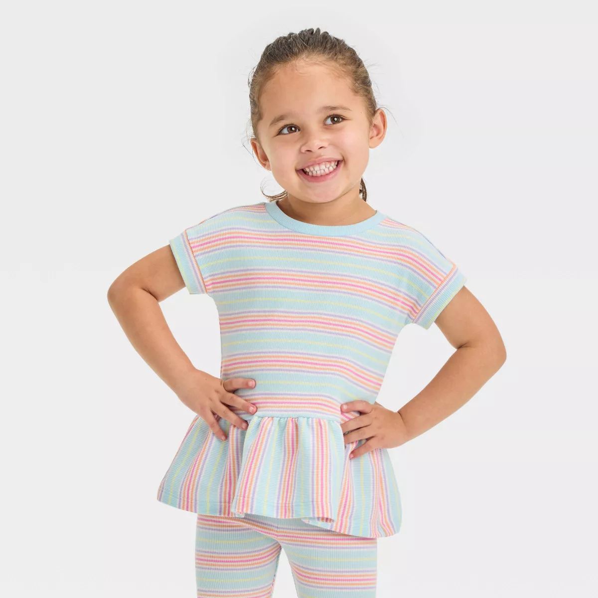 Toddler Girls' Striped Ribbed Top - Cat & Jack™ 18M: Crewneck, Peplum, Cotton Blend, Multicolor | Target