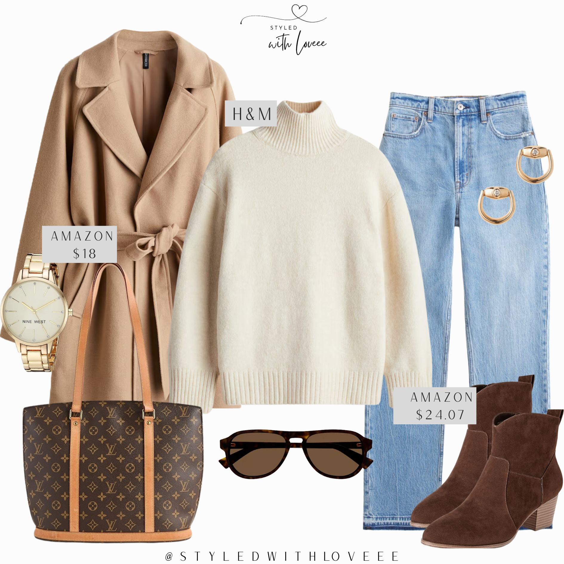Styled this H&M turtleneck sweater with a classic belted camel coat from Amazon, perfect for layering up in style. Paired with these high-waisted jeans and Amazon ankle boots for that effortless fall vibe. Loving how the Amazon watch and hoop earrings add just the right touch of elegance. Topped it off with a Louis Vuitton tote and oversized sunglasses for a luxe finish. 

#LTKFindsUnder50 #LTKGiftGuide #LTKStyleTip