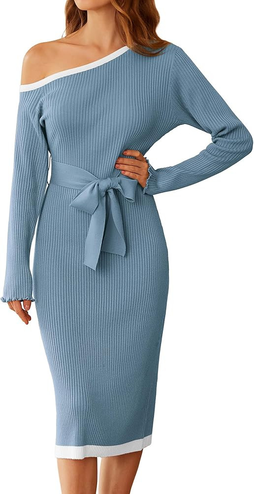 GRACE KARIN Women's 2024 Fall Sweater Dress One Shoulder Long Sleeve Ribbed Knit Tie Waist Casual... | Amazon (US)