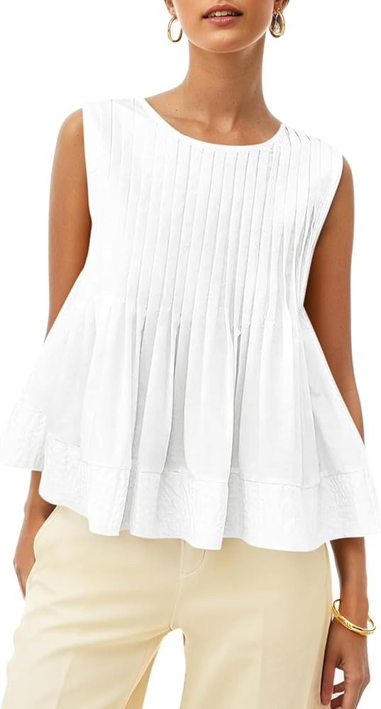 Cicy Bell Womens Pleated Babydoll Tank Tops Summer Peplum Sleeveless Cotton Blouses Loose Fit Flo... | Amazon (US)