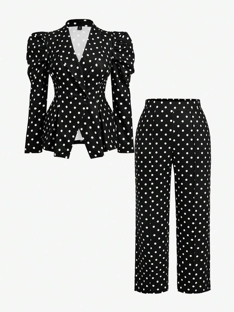 SHEIN MOD 2pcs Plus Size Dot Print Vintage Silhouette Blazer Straight Leg Pants Suit Set | SHEIN