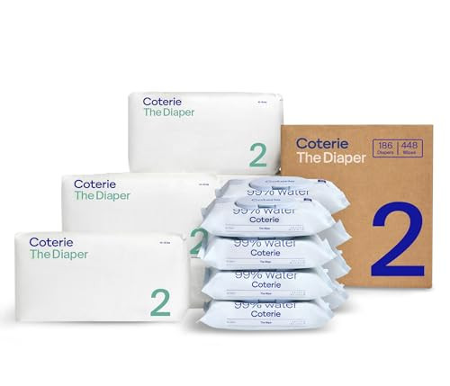 Coterie Baby Wipes + Diapers Kit, Size 2 Diapers (186 Count) & 8 Pack (448 Count) Baby Wipes with 99% Water, Plant Based Materials, Hypoallergenic for Sensitive Skin, Baby Essentials | Amazon (US)