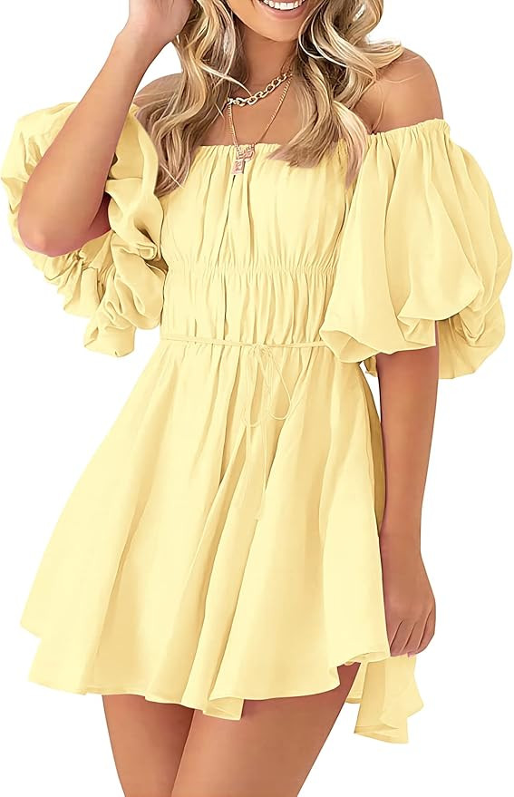 PRETTYGARDEN Women's Off The Shoulder Babydoll Dress Short Puff Sleeve Casual A Line Ruffle Summe... | Amazon (US)