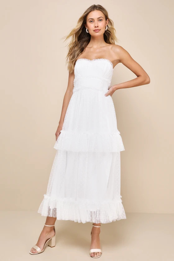 Delightful Bliss White Mesh Swiss Dot Strapless Midi Dress | Lulus