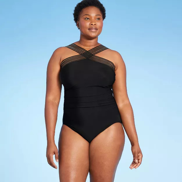Women's Crossover Neck Detail One Piece Swimsuit - Aqua Green® Black | Target