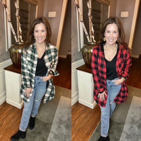 Love these flannel shackets both lined with fleece!  Comes in a variety of colors and the red has a hoodie which makes it extra nice for those unexpected precipitation days 🌧️ 
The fleece lined makes them super warm throughout these cold months. They are slightly oversized and perfect for layering. 
I have the v neck underneath it comes in a two pack white/black such a great basic tee to layer or even wear on it’s own when it gets warmer!  

Size -
Flannel shacket - small 
Jeans - 3 

5’1 
130 lbs 

#LTKover40 #LTKfindsunder50 #LTKstyletip