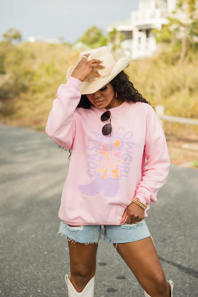 Coastal Cowgirl Floral Boot Light Pink Oversized Graphic Sweatshirt | Pink Lily