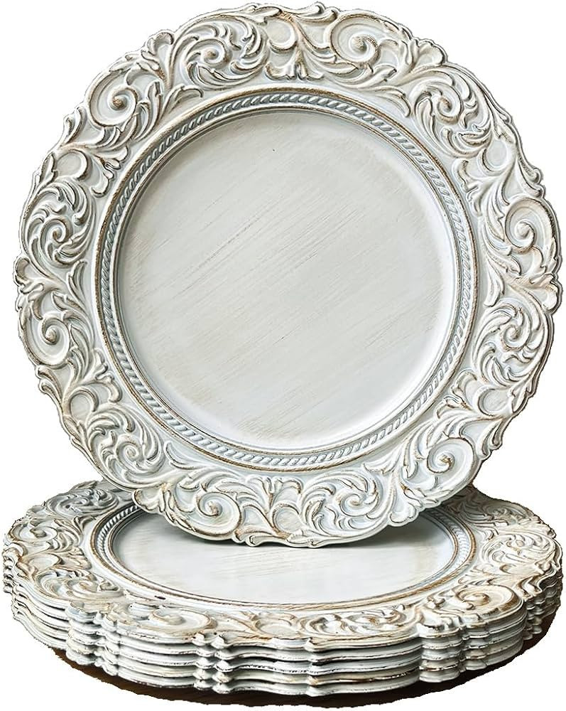 Antique Charger Plates, 13 Inch White Dinner Plate Chargers Round Server Ware. Set of 6 Plastic E... | Amazon (US)