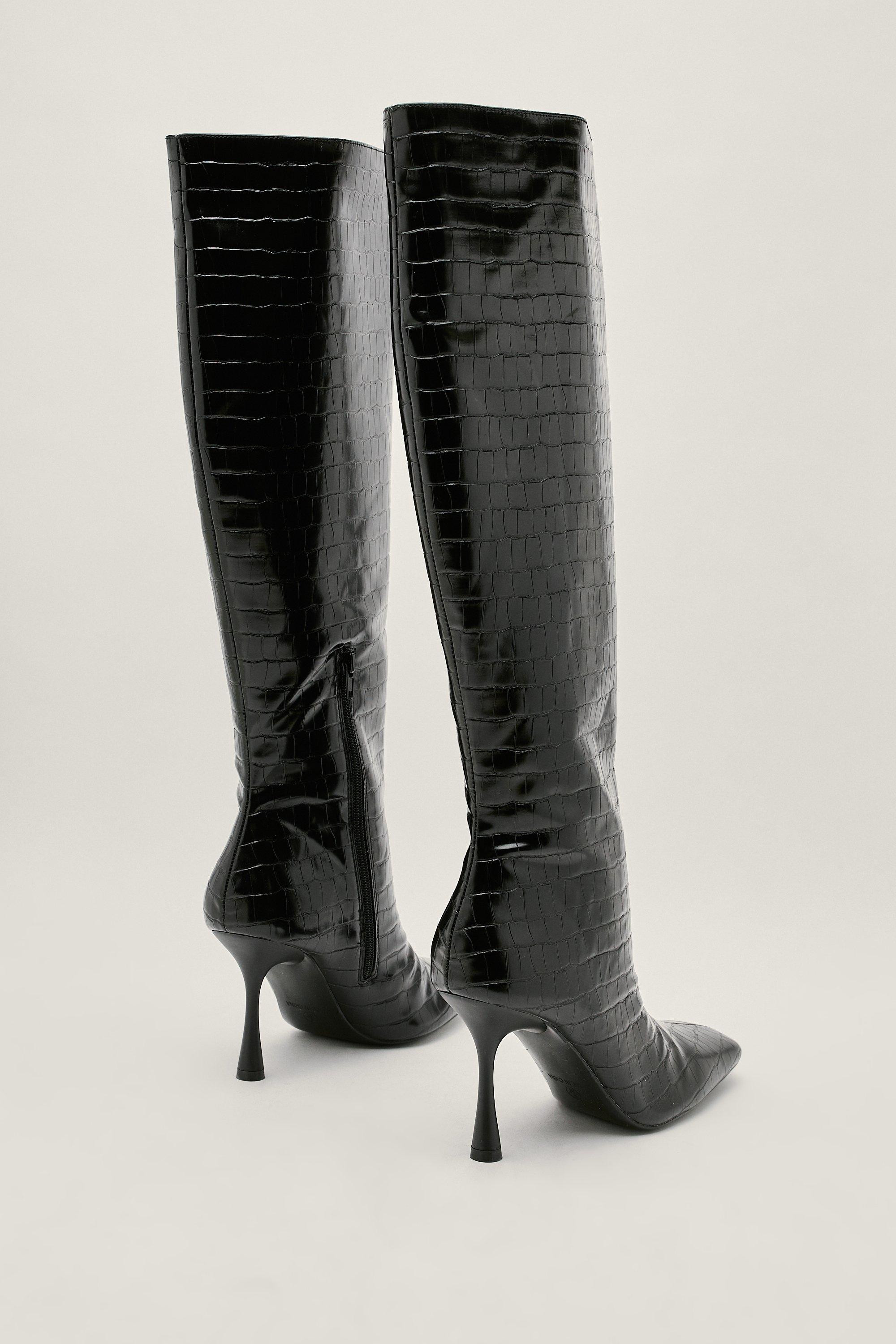 Stretch Faux Croc Stiletto Knee High Boots | Nasty Gal (US)