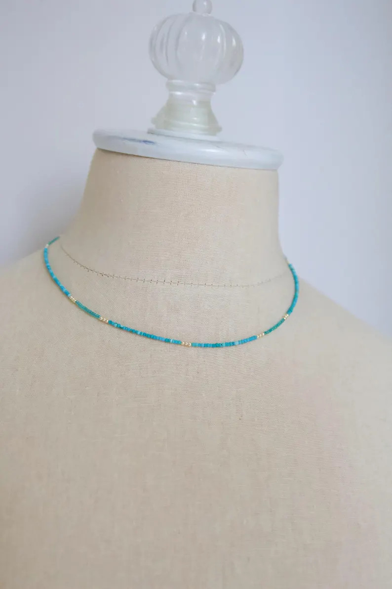 Turquoise Seed Bead Necklace, 16inch Necklace, Handmade Boho Jewelry for Everyday Wear, Dainty La... | Etsy (US)