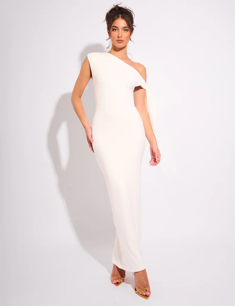 Knot Detail Asymmetric One Shoulder Luxe Slinky Maxi Dress White | Public Desire
