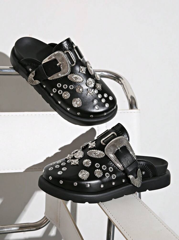 Women's Fashion Riveted Personality Black Wedge & Platform Loafers(Suggested To Take A Larger Size) | SHEIN