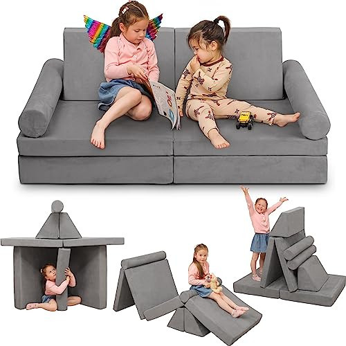 Betterhood Play Couch Sofa for Kids Medium Size, Modular Kids Play Couch, Kids Couch Building Fort for Playroom, Children Convertible Foam Cushion for Boys and Girls (Round Armrest, Grey) | Amazon (US)