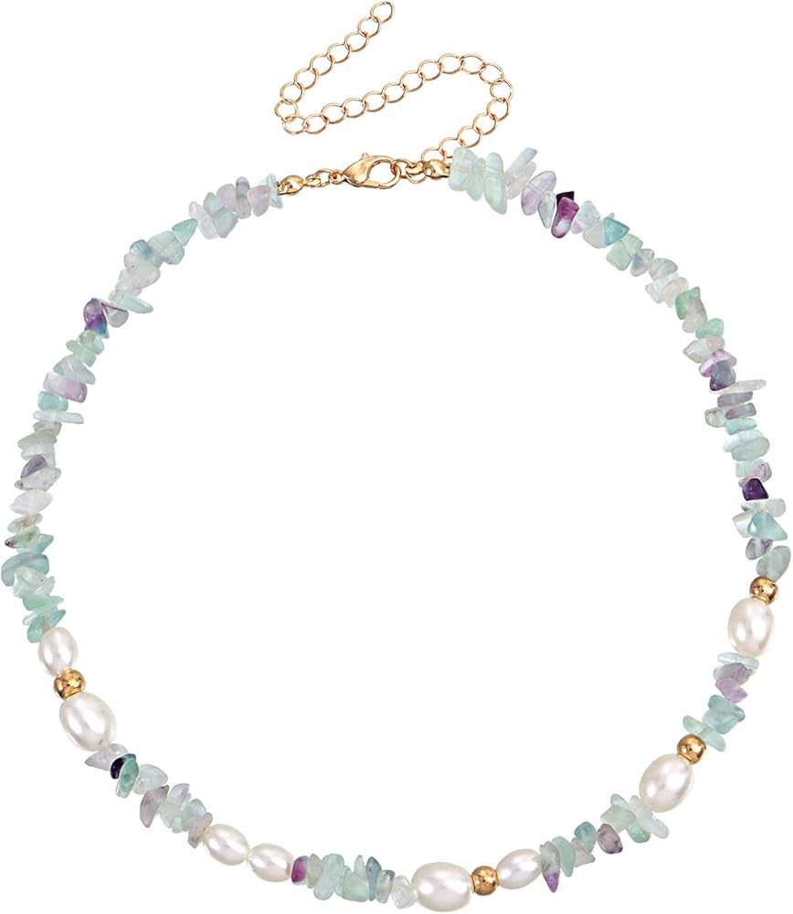 Bohemian Pearl Carnelian Crystal Necklace Green Transparent Crystal Natural Irregular Stone Choke... | Amazon (US)