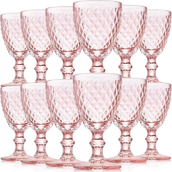 Pink Wine Glass Set of 12 Vintage Glassware Goblets Red Wine Glass 8 oz Embossed Drinking Glass w... | Amazon (US)