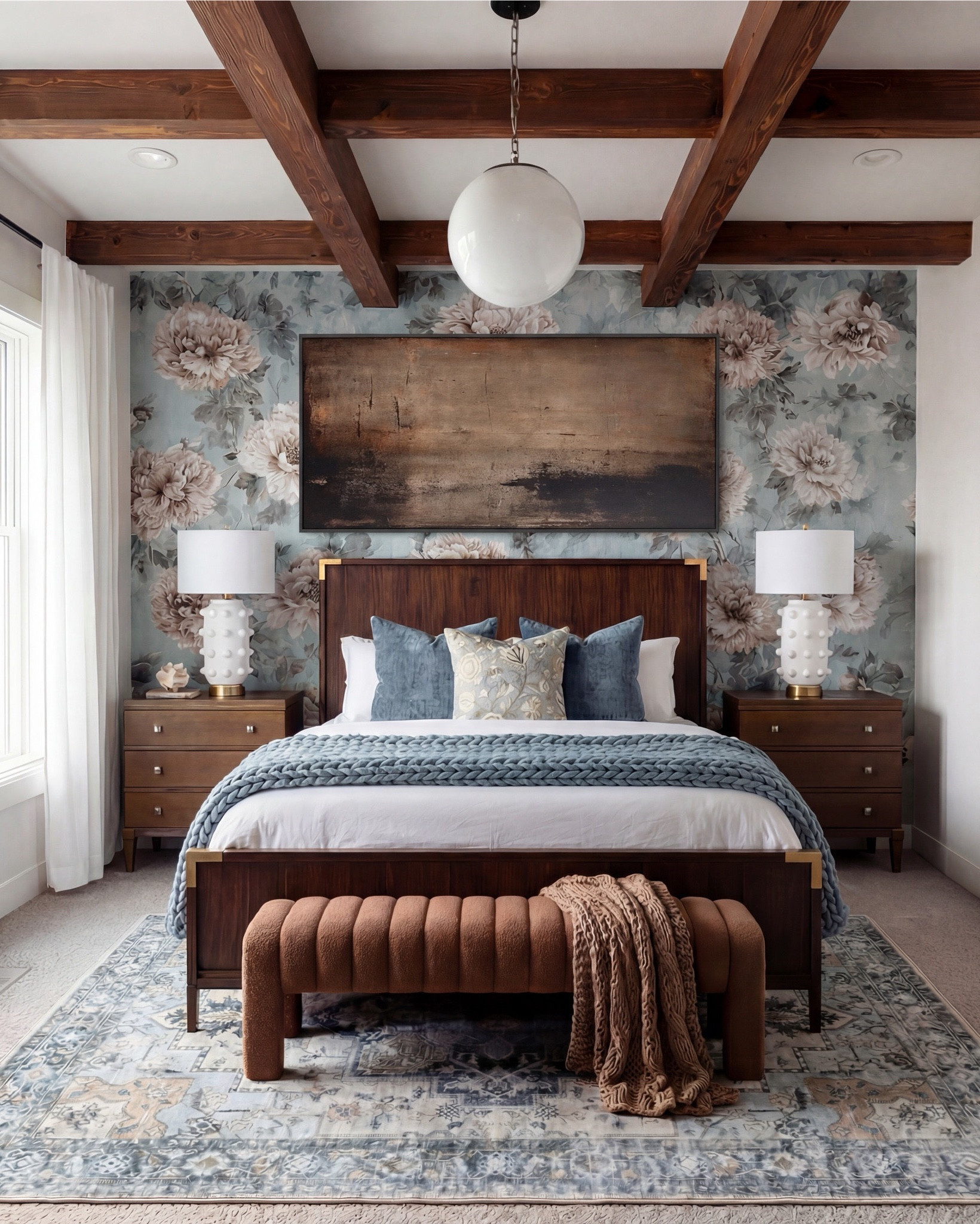 There’s just something about a moody, layered bedroom that feels instantly grounding, and this space captures that balance of warmth and sophistication perfectly. Every detail works together to create a cozy, elevated retreat.

The rich walnut bed anchors the room with its clean lines and warm tone, softened by the chunky blue knit throw and plush layered pillows. I love how the deeper wood frame contrasts with the soft floral wallpaper — it makes the entire wall feel like a curated backdrop.

The nightstands echo the darker wood tones while the sculptural white lamps bring in that playful, elevated texture. They add just enough contrast to keep the look fresh and modern.

The terracotta bench at the foot of the bed introduces a warm pop that ties back to the copper tones in the oversized artwork above. A simple knitted throw draped over the bench adds softness and warmth.

The vintage-style rug pulls everything together with its muted blues, soft creams, and subtle patterning. It’s the perfect foundation for a bedroom that leans cozy but still feels refined.

✨ Shop the Look
Walnut bed frame | Chunky knit throw | Textured white table lamps | Floral wallpaper | Terracotta bench | Layered blue and neutral pillows | Vintage-inspired rug | Oversized copper artwork

#LTKsale #LTKstyletip #LTKhome