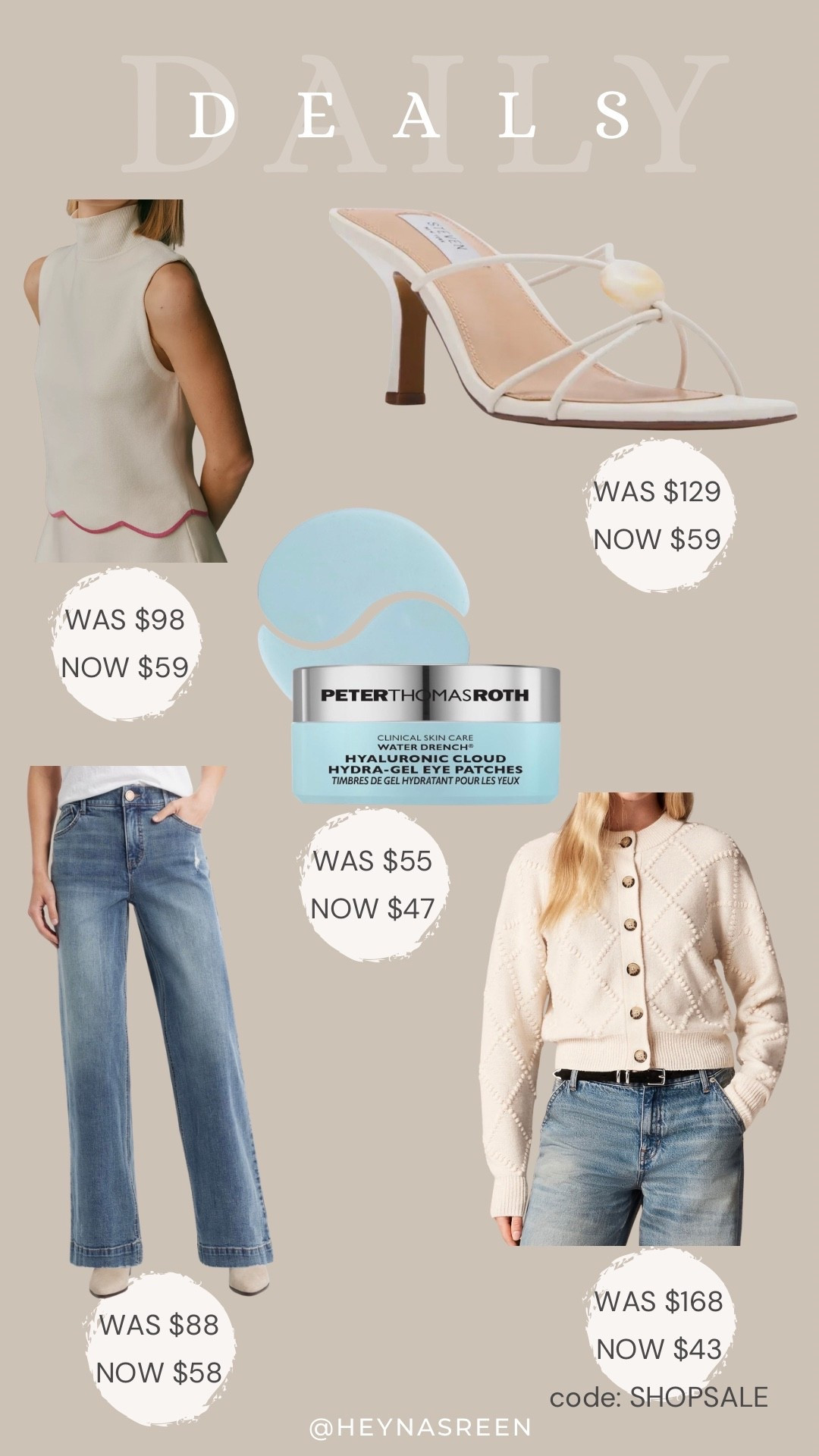 Daily deals on Anthropologie sweater tank, Steve Madden heels, Peter Thomas Roth eye gels, J.Crew cardigan, Wit & Widson jeans 