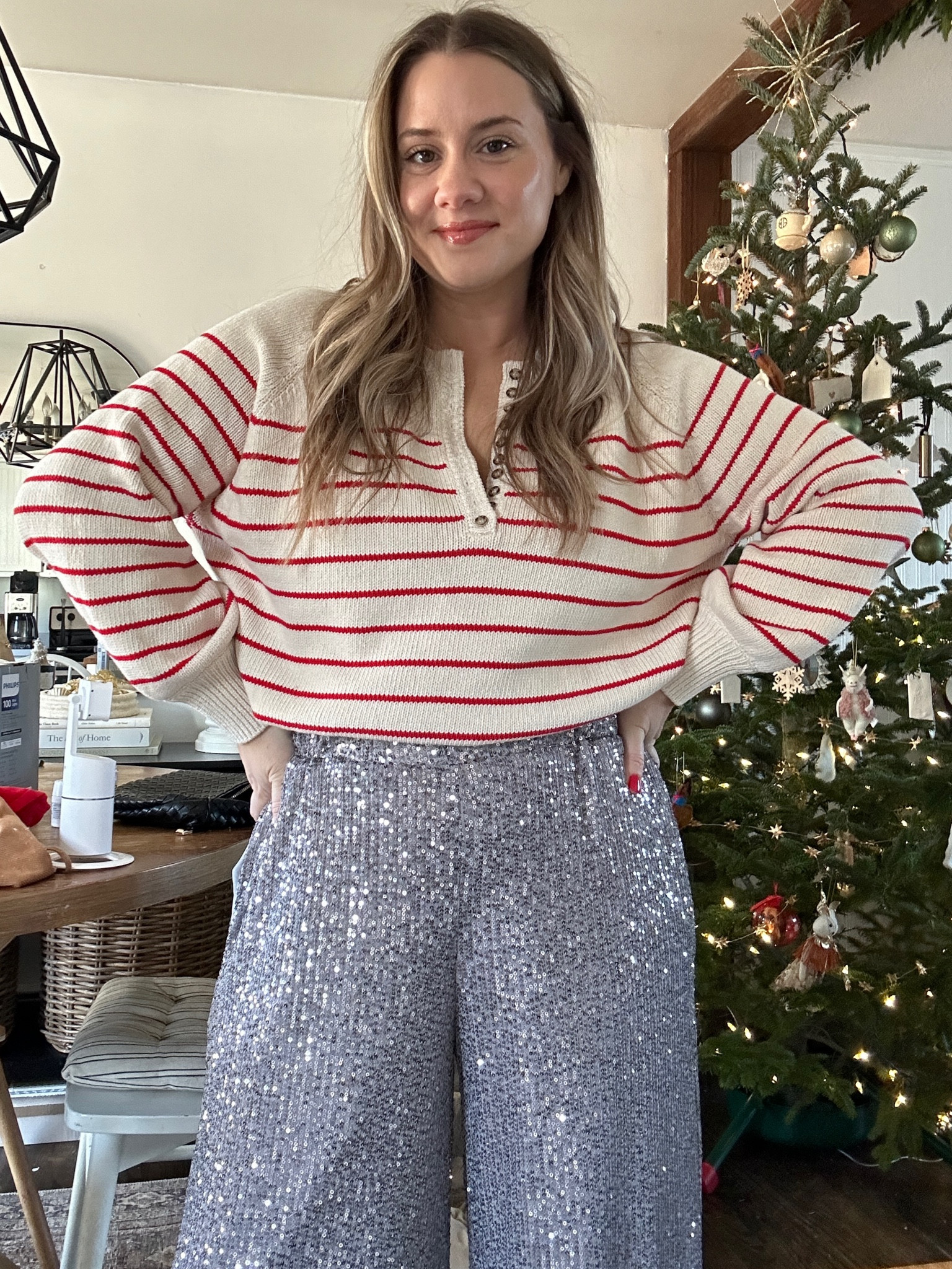 I did a no sew hem with hem tape in pants ( super long if you’re under 5’5) 

Sweater is 100% organic cotton - i have it in 3 styles. THE BEST . Size up if inbetween since its a boxy -ish cut 

Im in medium and recommend true size if you plan to tuck it a lot. Size up for wearing loose and untucked 

Sezane sweaters 
Striped sweaters
Henley top 