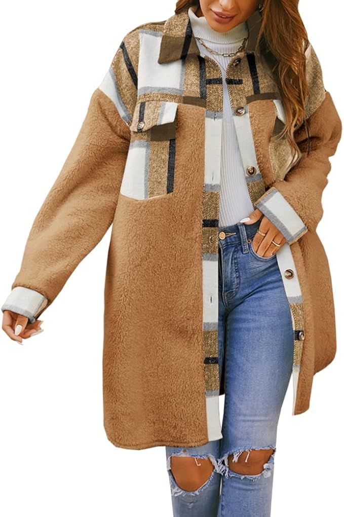 FSHAOES Womens 2023 Winter Coats Fuzzy Fleece Long Jackets Plaid Shacket Button Down Shirts Light... | Amazon (US)