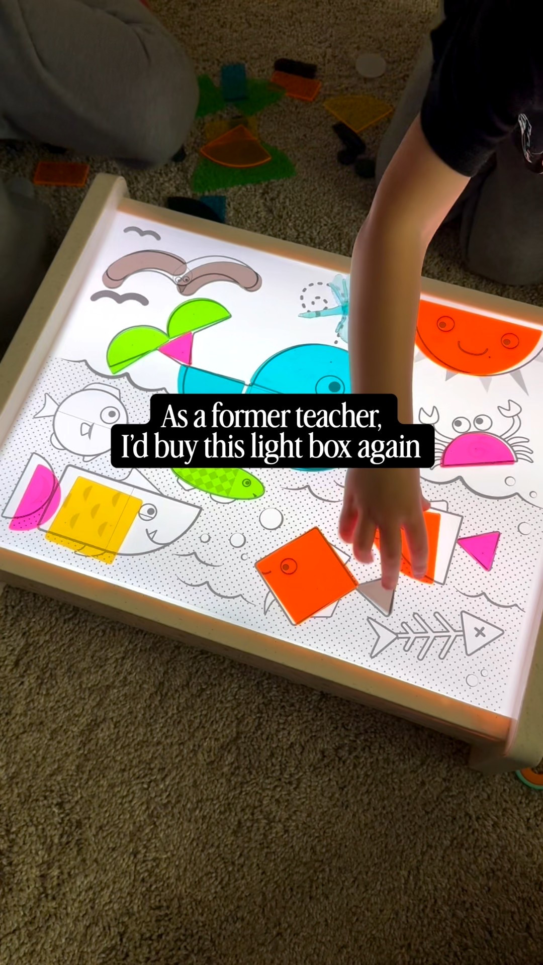 Not your average light box. This Battat Light box Includes a sensory bin (can be filled with water, sand, or rice), fine motor tools, geometric shapes, colorful bugs, a measuring cup, pattern cards, and transparency sheets.

Encourages Independent play & fine motor skills!  Exploration done right! Sensory made simple!