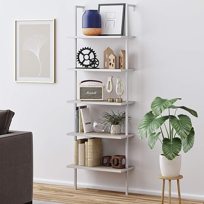 Nathan James Theo 5-Shelf Modern Bookcase, Open Wall Mount Ladder Bookshelf with Industrial Metal... | Amazon (US)