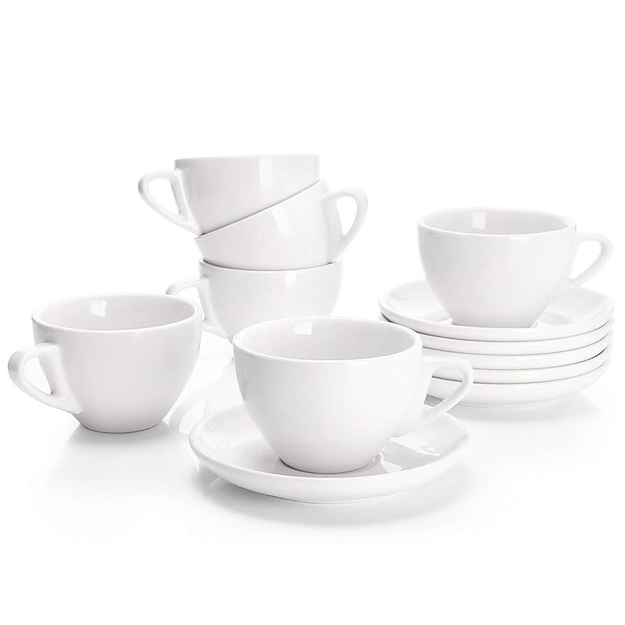 Sweese 6 Ounce Cappuccino Cups with Saucers, Porcelain Double Espresso Cups Set of 6 - White | Amazon (US)