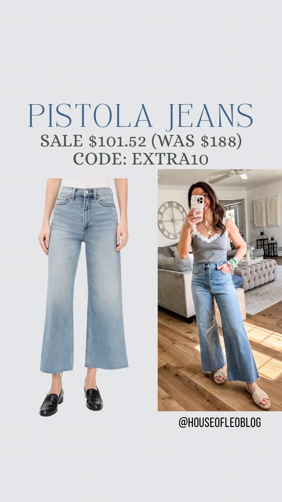 Code: EXTRA10 at Shopbop. Wearing 26 wide leg jeans. Tank small (code LTK10). Sandals TTS. Pistola jeans.

#LTKSaleAlert #LTKOver40 #LTKPetite