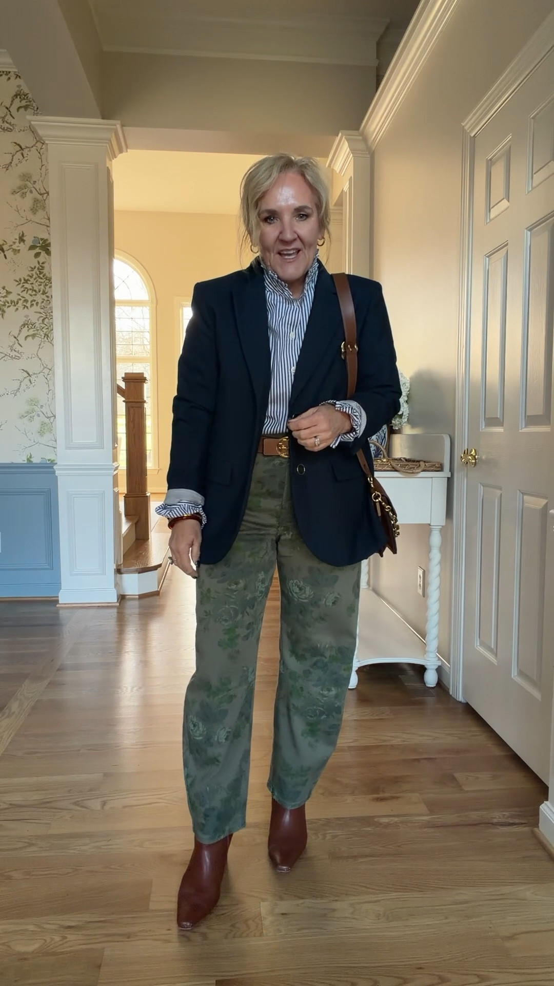 Looks like Ralph Lauren style! 
Love the juxtaposition of style here 
Blouse size medium 
Navy blazer size 10 petite 
8 reg in jeans green floral barrel 
Sneakers I need a sock in my larger size  
Pink sweater size medium 
Linking several denim shirt options 
Great scarf! I love it 
Boots size up 1/2 

#LTKootd #LTKOver40 #LTKFindsUnder100

#LTKPetite