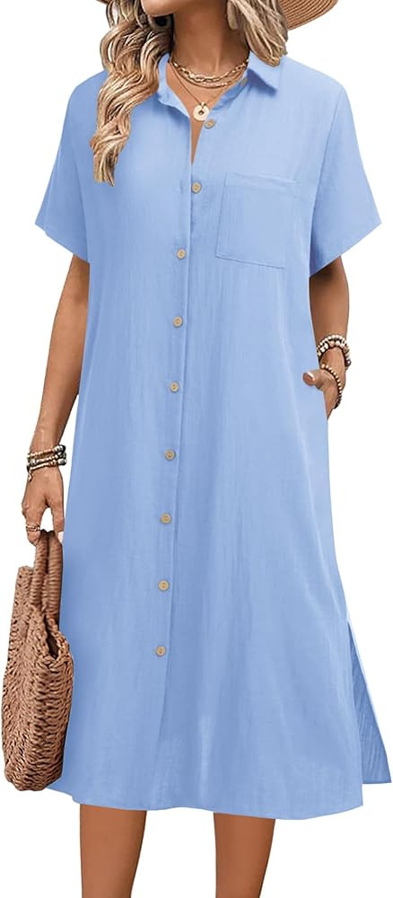 HOTOUCH Womens Dress Summer Casual Midi Short Sleeve Button Down Shirt Dresses Loose Beach Cover ... | Amazon (US)