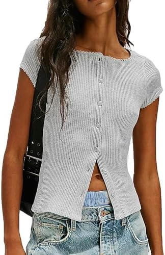 Womens Slim Fitted Shirts Short Sleeve Cardigan Button Down Blouses Y2k Ribbed Tops | Amazon (US)