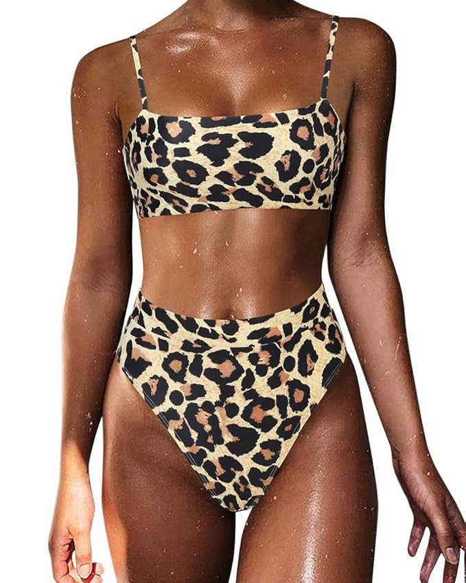 MOSHENGQI Women High Wasited Bikini Shoulder Strap 2 Piece High Cut String Swimsuits | Amazon (US)